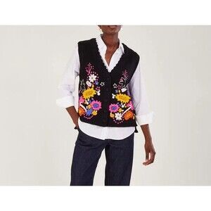 Monsoon Embellished Waistcoat Black Top Floral Embroidered Sleeveless S/M 286894